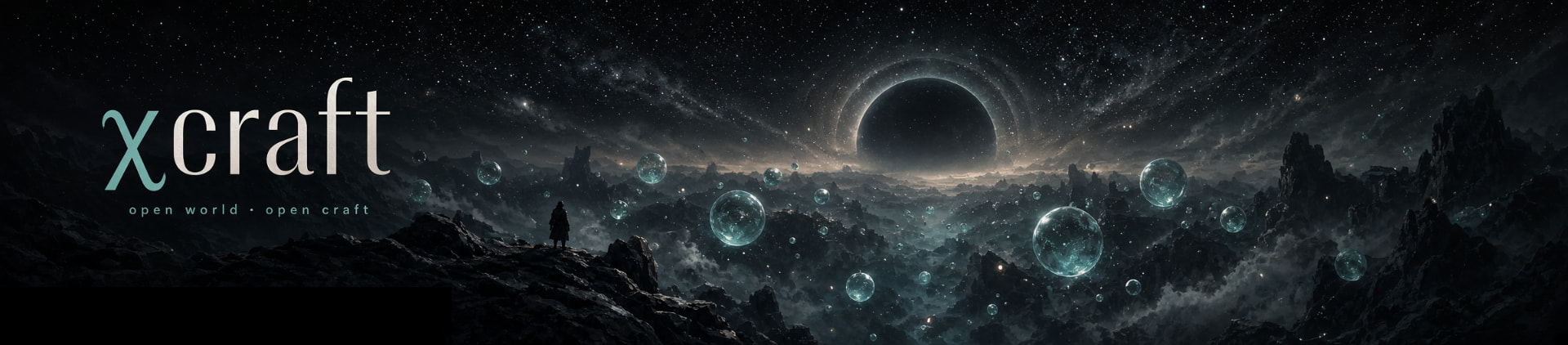 A dark disk ringed with light above a rocky horizon, glass spheres drifting across the valley