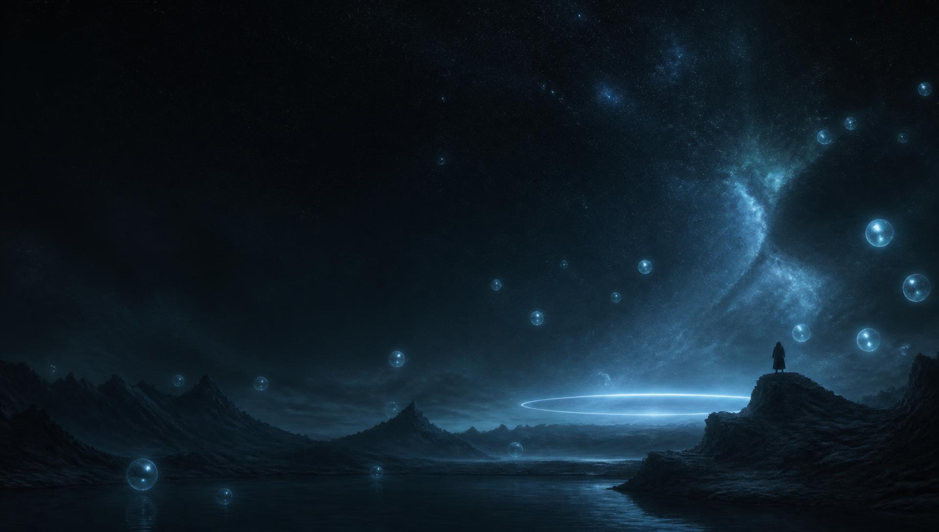 A lone figure on a ridge beneath a starfield of drifting glass spheres and a distant luminous ring
